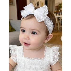 Baby Girls Headband White Bow Lace Headbands Soft Elastic Bowknot Hairbands Cute Hair Accessory for Newborn Kids Infant Toddler Baptism Birthday Party (Lace Flowers)