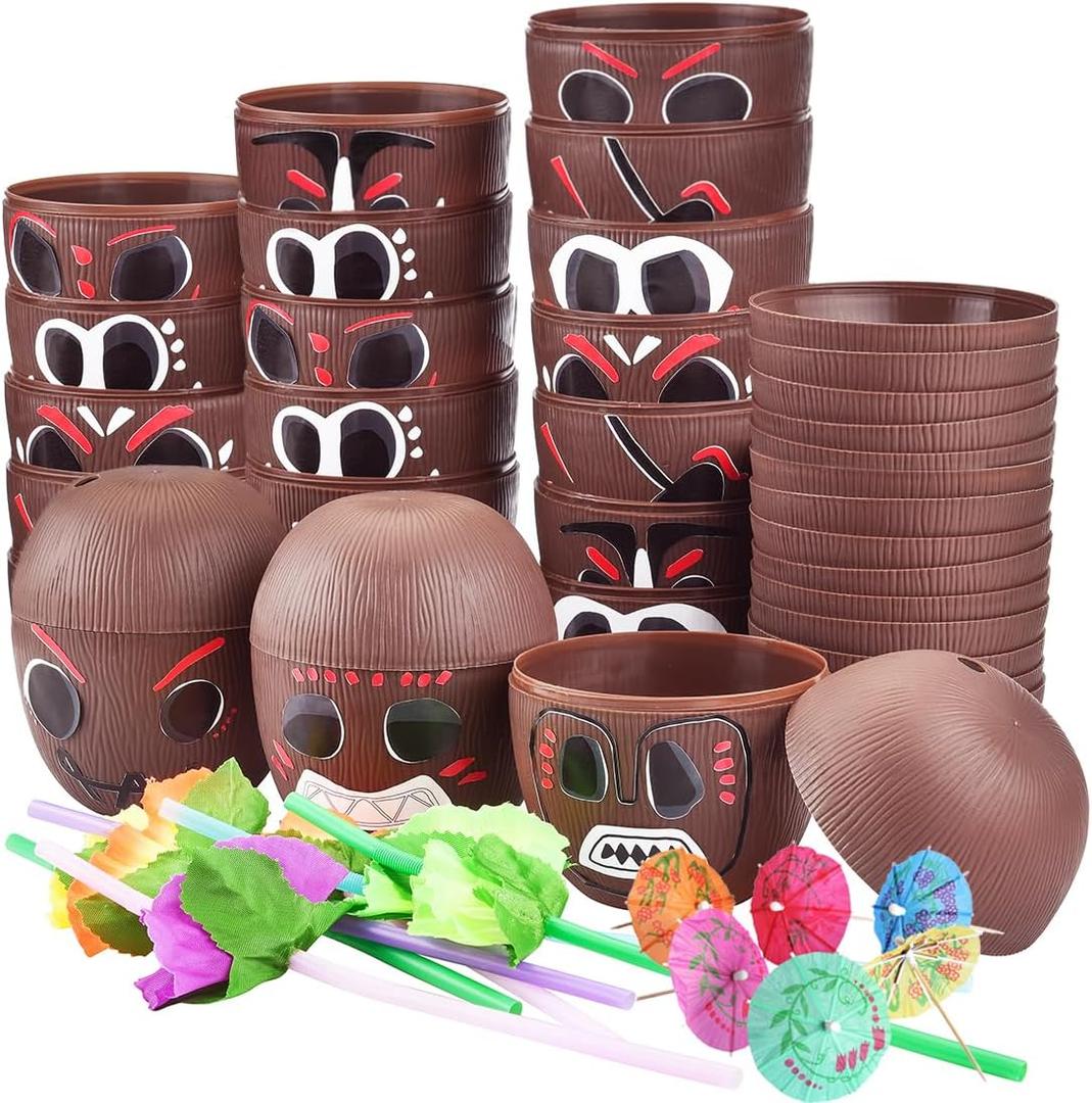 24 Pack Coconut Cups with 24 Straws 24 Cocktail Drink Picks and 24 stickers, DIY Tropical Hawaiian Luau Tiki and Beach Party Decorations for Kids and Adults