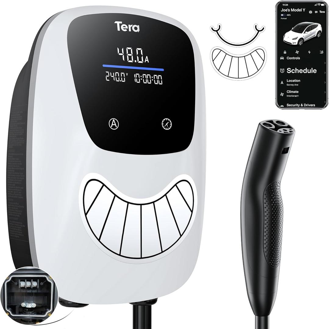Tera Electric Vehicle Charger Tesla: ETL Certified Level 2 48 Amp 240 Volt DIY Stickers Home EVSE with Manual Setting Amps Schedule on Unit NEMA 14-50 25 FT Cable W02 (White)