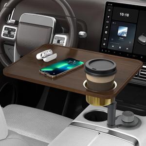 Car Desk Car Tray for Laptop & Food, Wooden Cup Holder Table with Adjustable Height, Car Accessories for Women & Men 360 Rotatable Steering Wheel Tray for Tesla Model Y/3/S, Ford F150 & Most Vehicles