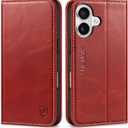 SHIELDON Case Wallet for iPhone 17 5G 6.3" 2025 | Genuine Leather | RFID Blocking Card Holder | Folio Magnetic Closure | Kickstand | Shockproof | Full Protective Cover | Retro Red