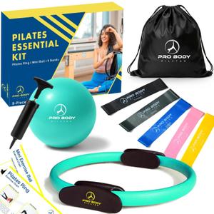 ProBody Pilates Ring Set with 14-Inch Magic Circle Ring, 9-Inch Exercise Ball, 5 Resistance Bands, Pump, Training Guides, & Storage Bag for Core Strength, Balance, Stability Training (Aqua)