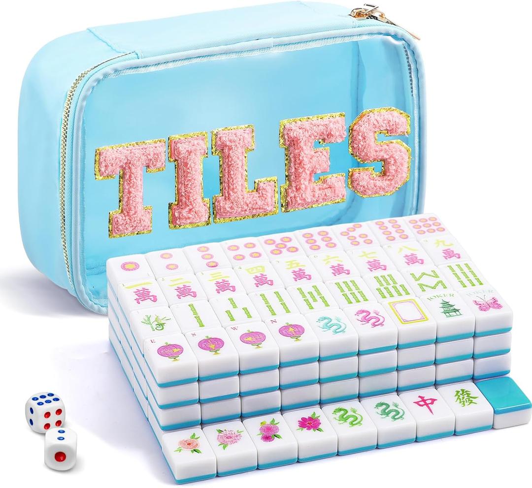 Soulchen American Mahjong Tiles Accessories Set 160 Pieces 1.2 Inches American Mahjong Tiles Game Set with Waterproof PVC Clear Zippered Storage Holder Bag for Game Lover Gift (Light Blue)