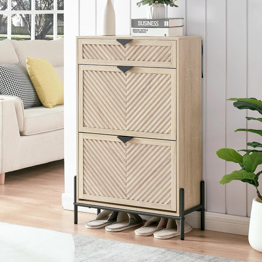 Shoe Cabinet Storage with 2 Flip Drawers, Narrow Hidden Shoes Cabinet Organizer for Entryway, Freestanding Slim Shoe Rack Front Door Entrance(Oak), Medium