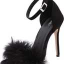 MMJULY Women's Open Toe Ankle Strap Fluffy Feather Stiletto High Heel Dress Sandal (8, Black)