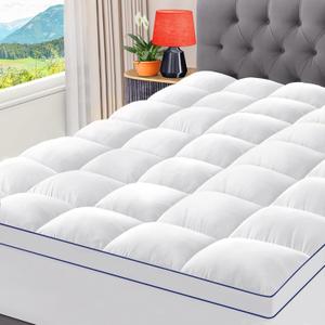 CYMULA California King Mattress Topper, Cooling Mattress Pad Cover, Extra Thick Pillow Top Mattress Topper with 8-21 Inch Elasticated Deep Pockets, Plush Down Alternative Fill Mattress Protector (White With Blue Lines)