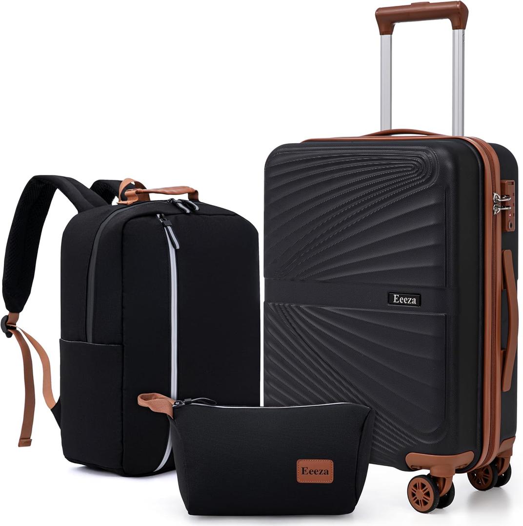 Carry On Luggage Set 22x14x9 Airline Approved Luggage Sets 3 Piece,Suitcases with Wheels,ABS Hard Case Luggage with TSA Lock Spinner Wheels(20 Inch,BP/TB) (Black)