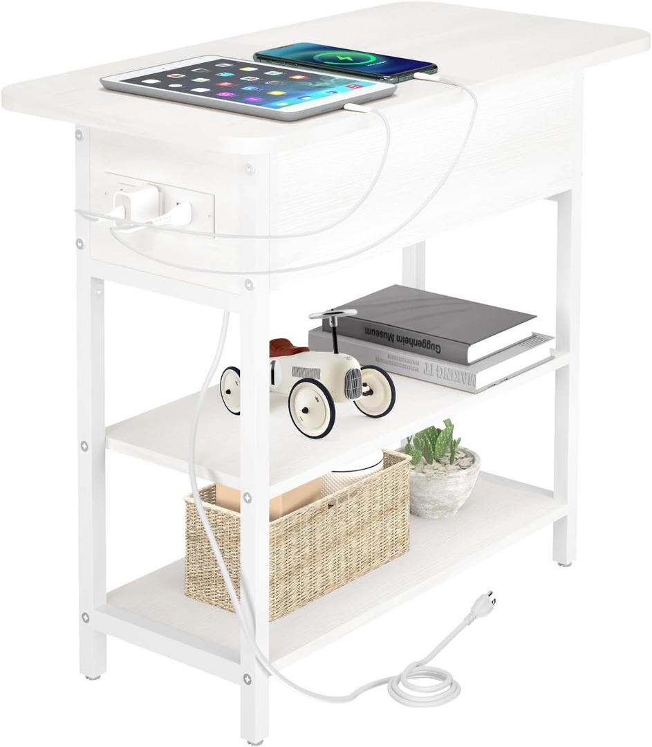 Yoobure End Table with Charging Station, Flip Top Side Table with USB Ports and Outlets, Sofa Couch Table Bedside Table for Living Room Bedroom, Narrow Nightstand with Storage Shelves for Small Spaces (White)