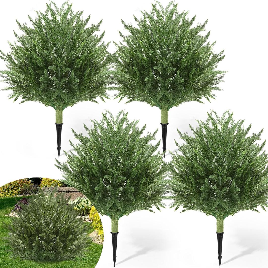 CroBlissful 4 Pack Artificial Cedar Ball Shrubs for Spring Porch Decor, 24 Outdoor Faux Evergreen Plants with Ground Spike, UV Resistant Front Door Entryway Garden Greenery