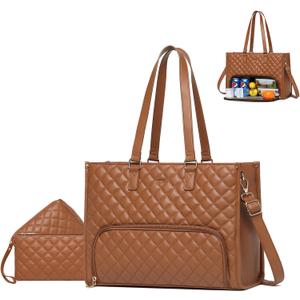 Keyli 3PCS Sets Lunch Tote bag for Women,15.6 Inch Laptop Work Bag with Insulated Lunch Box Compartment Computer Handbag (1.0-brown)