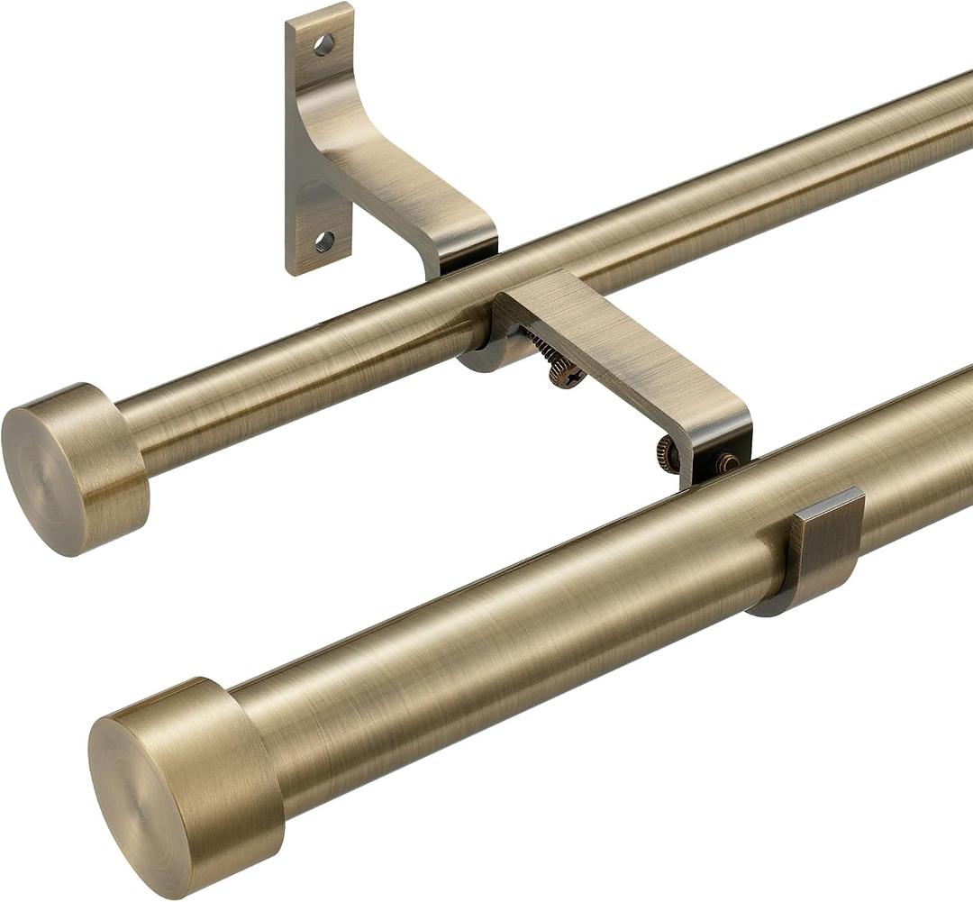 Double Curtain Rods for Windows 36-72 Inches, 1'' Front and 5/8''Back Double Drapery Rods with Premium Aluminum Brackets and End Cap Finials, Adjustable Antique Bronze Dual Window Curtain Rod