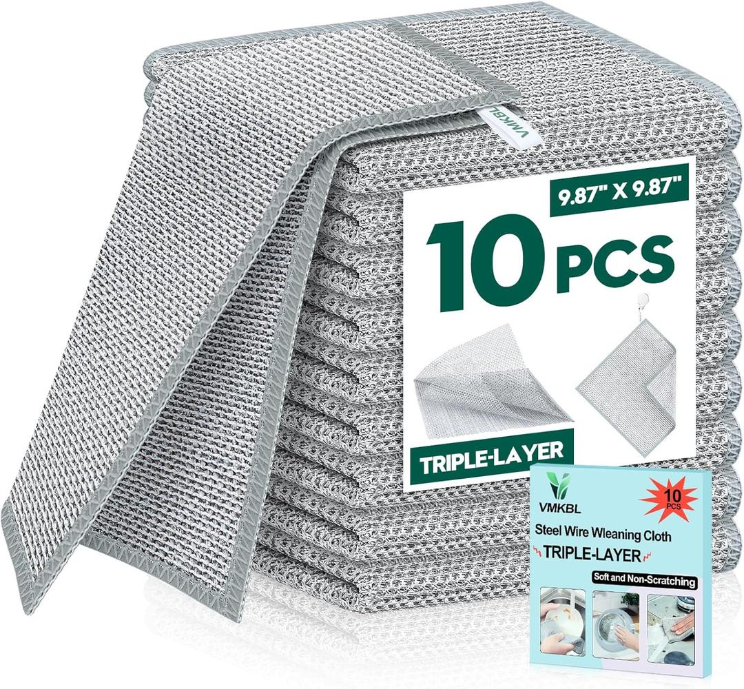 10 Pcs New Upgraded 3 Layers Non Scratch Wire Dishcloth, Multipurpose Wire Steel Wool Scrubber, Wet & Dry for Cookware, Sinks, Dishes, Stoves & Fireplaces 9.87“ x 9.87”