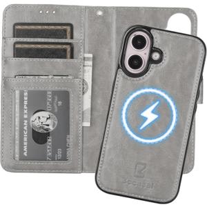 Bocasal for iPhone 16 Wallet Case Compatible with MagSafe Wireless Charging, RFID Blocking Magnetic Leather Case with Card Slots Holder Kickstand Detachable Wrist Strap 6.1 Inch (Grey)