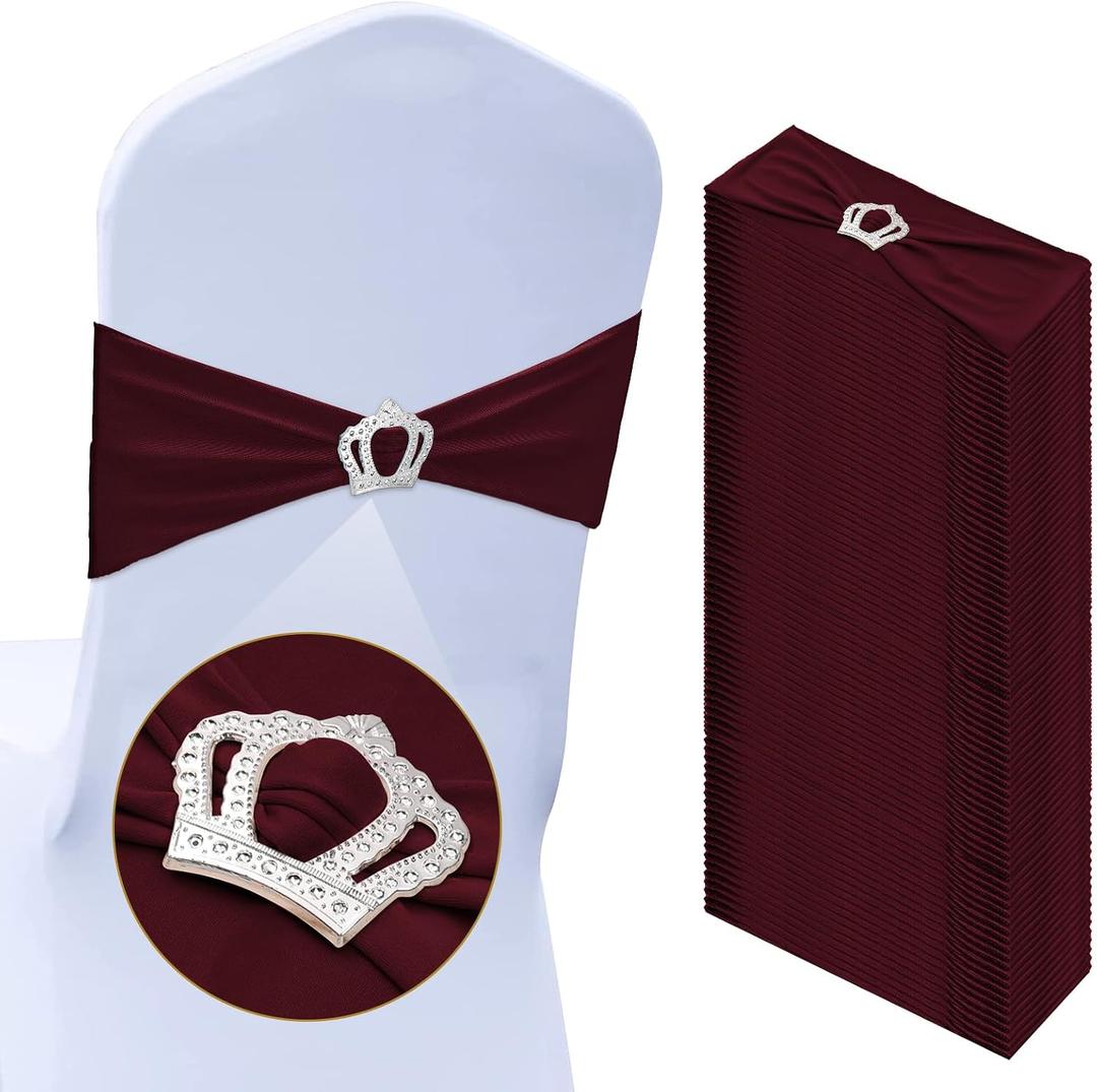 VitalCozy 50 Pcs Stretch Chair Sashes with Crown Chair Sashes with Buckle Slider Wedding Elastic Cover for Party Bridal Baby Shower Ceremony Reception Banquet(Burgundy)
