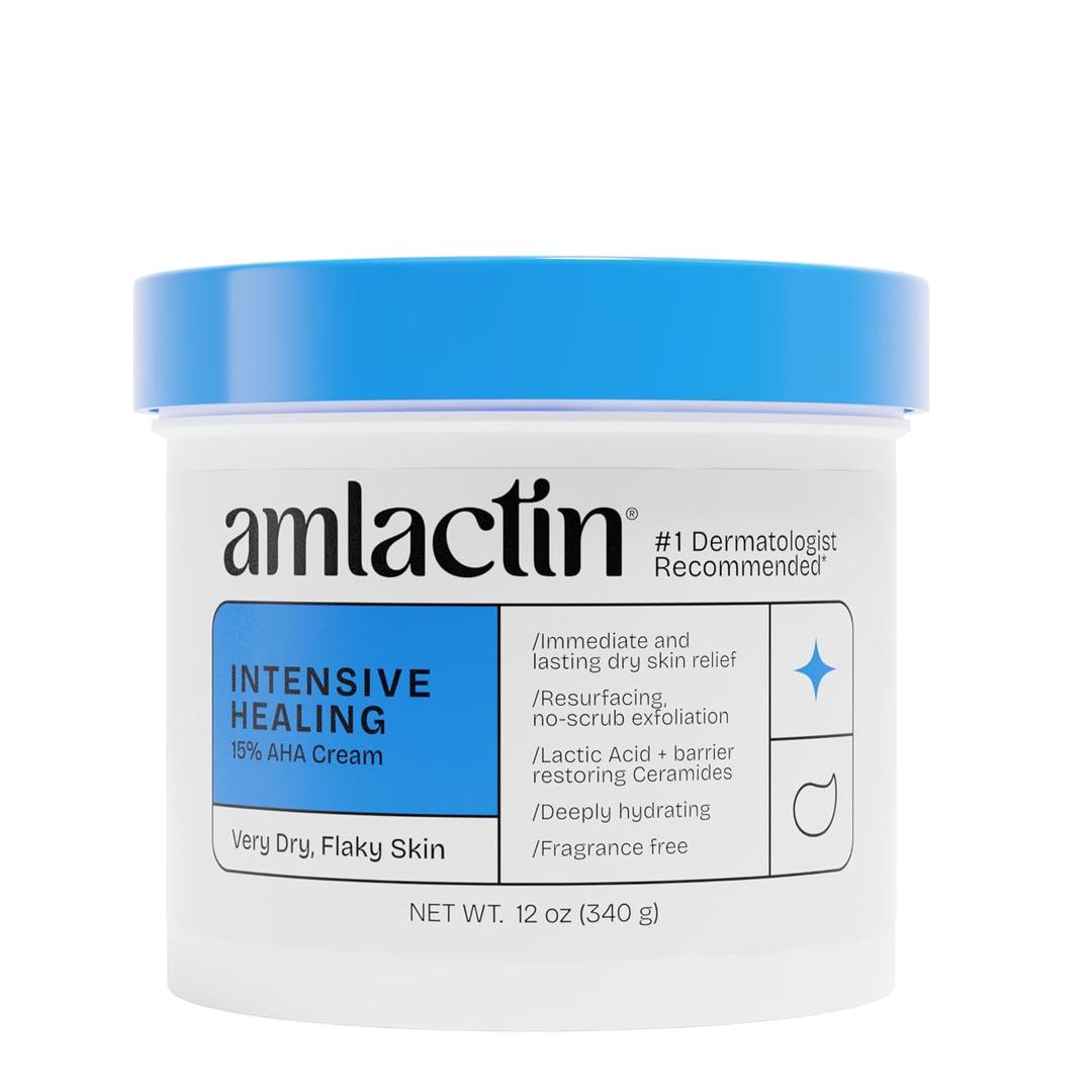 AmLactin Intensive Healing - Therapeutic Body Cream for Extremely Dry Skin - No-Scrub Exfoliator and Body Moisturizer Cream with 15% Lactic Acid AHA and Ceramides, 12 oz