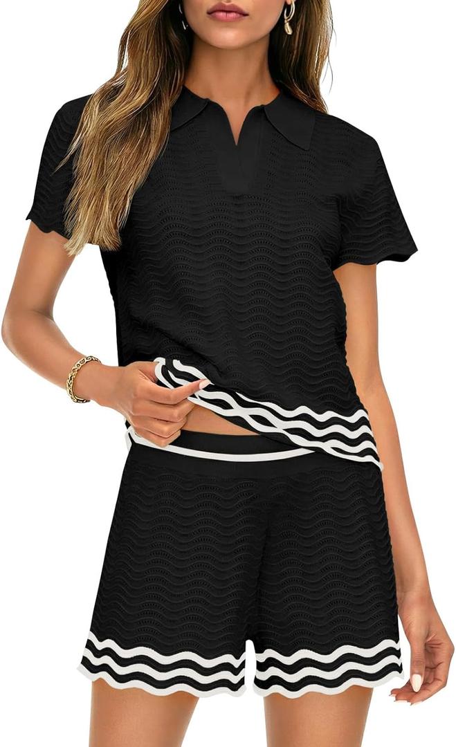 Saodimallsu Womens Sweater Sets 2 Piece Outfits Short Sleeve Polo V Neck Knit Tops Waves Shorts Matching Lounge Set (XLarge, Black)