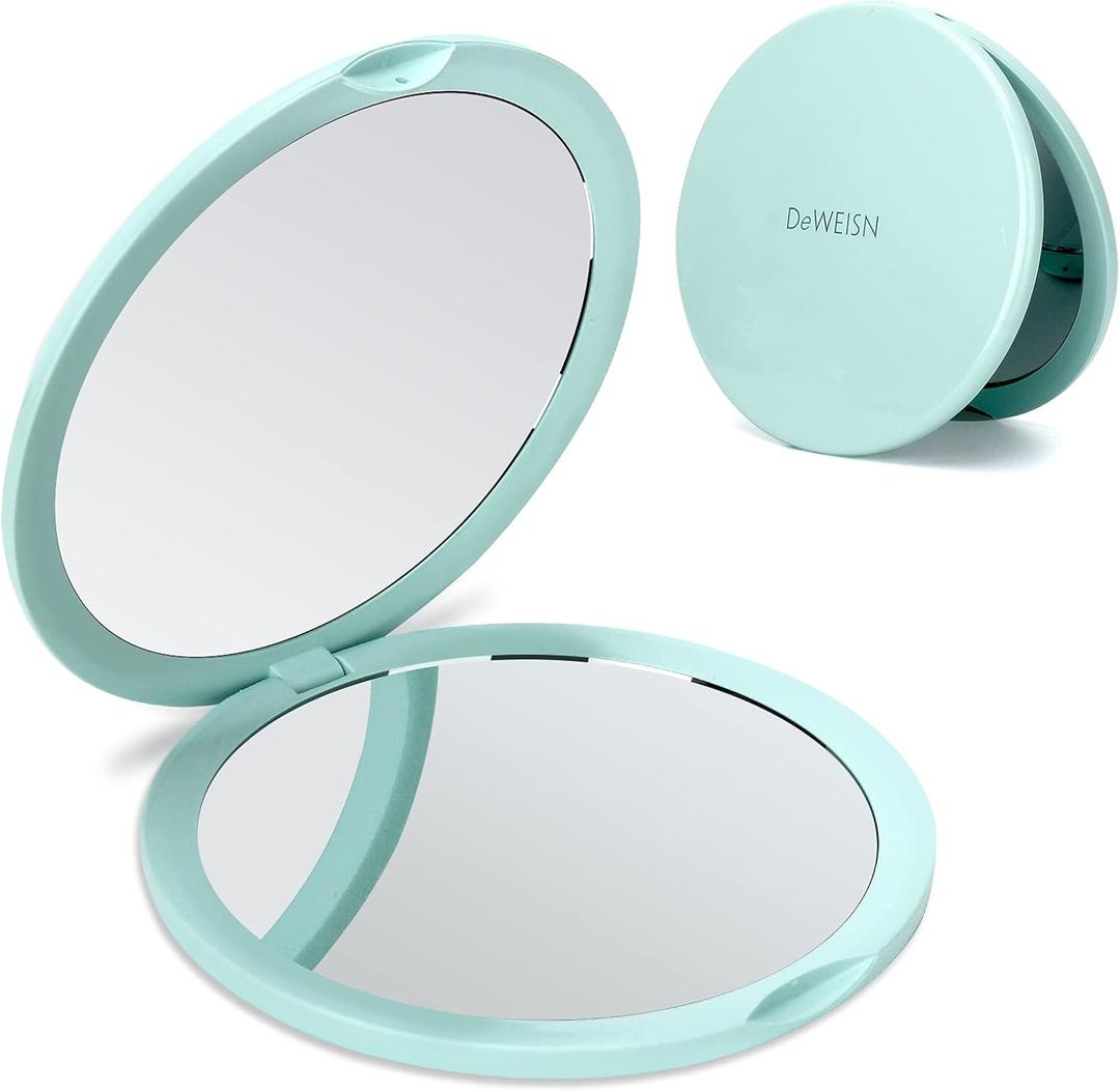 Deweisn Magnifying Compact Cosmetic Mirror Elegant Compact Pocket Makeup Mirror, Handheld Travel Makeup Mirror with Powerful 10x Magnification and 1x True View Mirror for Travel or Your Purse (Green)