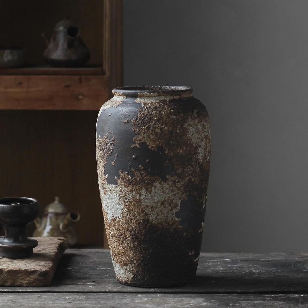 Denique Rustic Vase for Home Decor, Farmhouse Terracotta Vases, Large Ceramic Vase for Living Room Decor, Black Pottery Vase Large Clay Vase, Rustic Farmhouse Tabletop Decor(C-29cm)