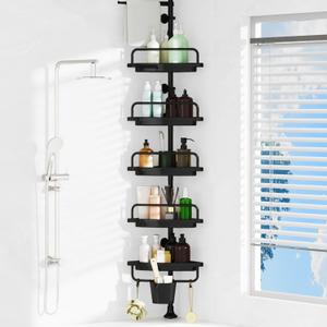 Corner Shower Caddy Tension Pole  Adjustable Height (38-118 inch), 5 Tier Shelf Bathtub Organizers and Storage  Includes Towel Rack, Tooth Brush Holder and Suction Cups (Black)