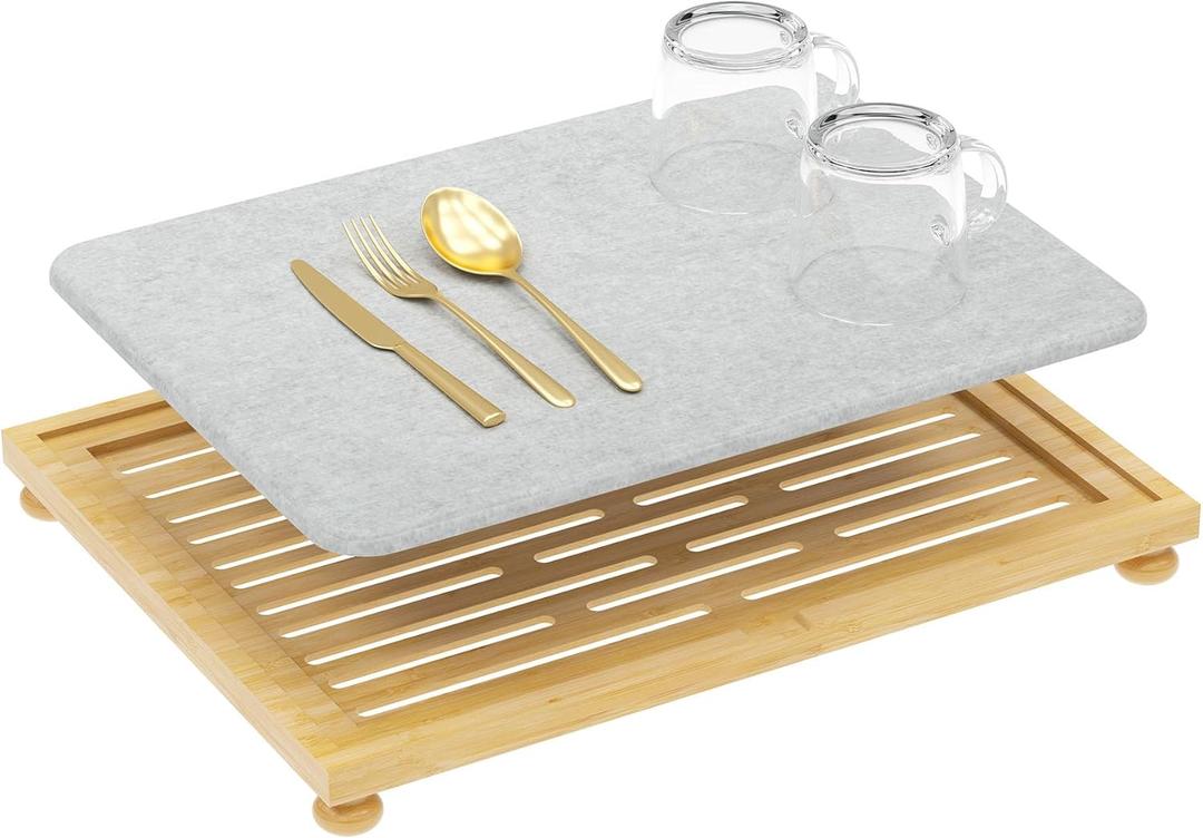 Golener Stone Drying Mat for Kitchen Counter, Dish Drying Pad with Bamboo Rack, Super Absorbent Diatomaceous Earth and Drying Rack, Multi-purpose Quick Drying Mat Rack for Kitchen, 16x12, Dark Grey