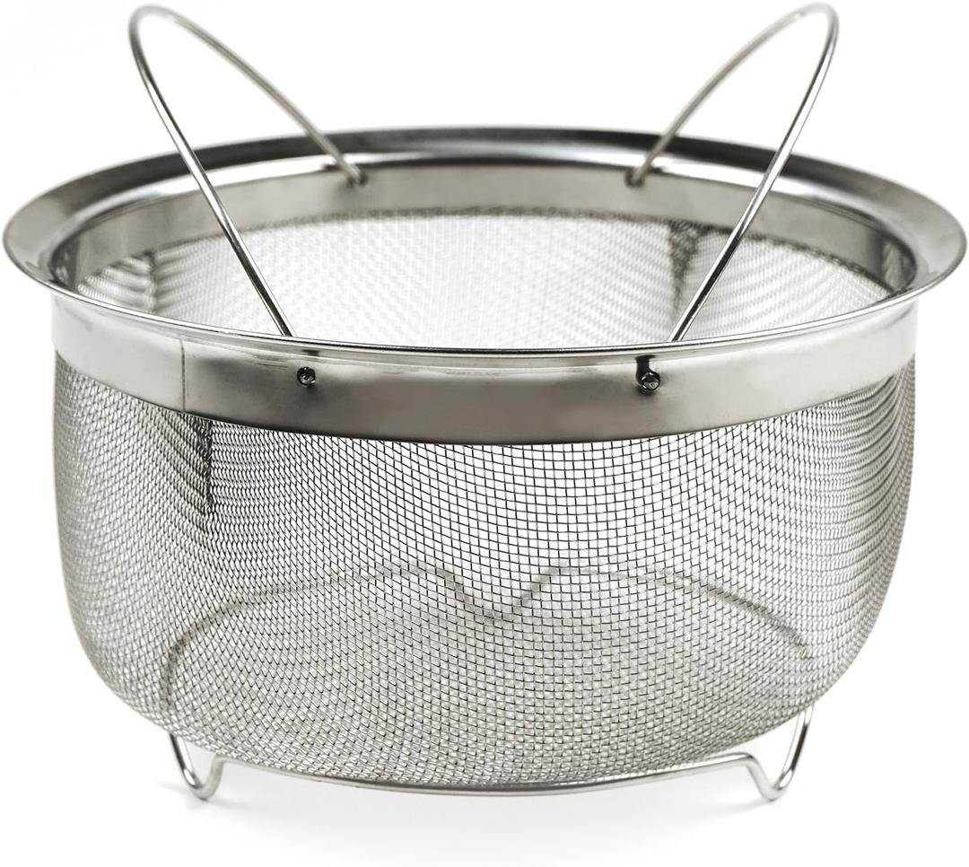 RSVP International Mesh Colander Strainer Basket with Folding Handles, 3 Quarts | For Pasta, Frying, & Salads | Dishwasher Safe | Use in Pressure Cookers | Steaming, Draining & Rinsing (Stainless Steel Mesh)