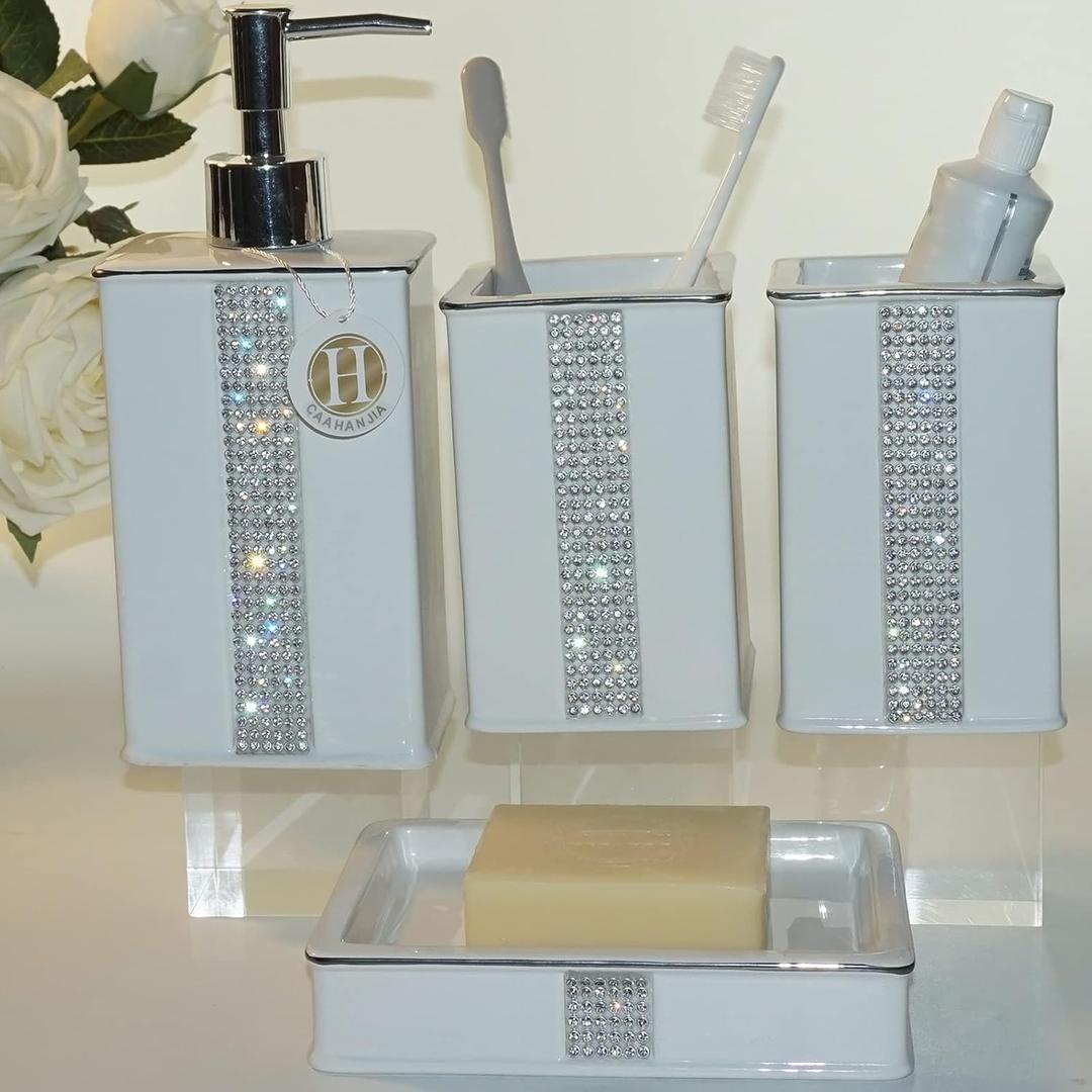 Bathroom Accessories Set 4 Pcs-Ceramic Gift Set Soap Dispenser Pump & Toothbrush Holder & Tumbler Cup & Soap Dish - Bathroom Home Decor Clearance, Countertop Vanity Organize(12 Ounce White)