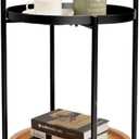 deerlove 2 Tier Round Side Table, 16" Small Metal End Table with Removable Wooden Tray, Round Accent Sofa Coffee Side Table for Living Room, Bedroom, Balcony (Black)