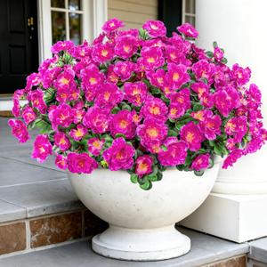 Artificial Flowers for Outdoors, Faux Silk Camellia Flowers Spring Summer Decoration UV Resistant Fake Plastic Plants for Planter Outside Patio Garden Balcony Door Porch, Purple 4 Bundles