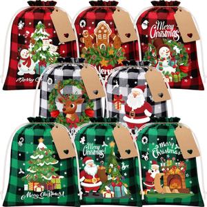 FLOE 24Pcs Burlap Christmas Drawstring Bags, 8x10in Buffalo Plaid Xmas Gift Bags w/Tag Xmas Candy Bag Medium Christmas Linen Treat Goody Gift Sacks Reusable Gifts Wrapping Bag for Holiday Party Favor (Red, Green & White Black)
