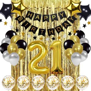 Black and Gold 21th Birthday Decorations Banner Balloon, Happy Birthday Banner,21th Balloons, Number 21 Balloons, 21 Years Old Birthday Decoration Supplies