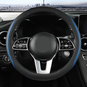 Car Steering Wheel Cover, Leather Steering Wheel Cover Blue Universal 14.5-15 Inch Microfiber Leather Anti-Slip Breathable Auto Steering Wheel Covers for Men Women (Black&Blue-2)