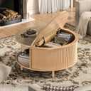 Round Coffee Table, 31.5" Fluted Center Table with Storage, Lift-Top Coffee Table with Adjustable Footpads, Sliding Door, Mid-Century Modern Center Table for Living Room, Small Space (Nature), Round, 31.5-inch Diameter, 17.7-inch Height
