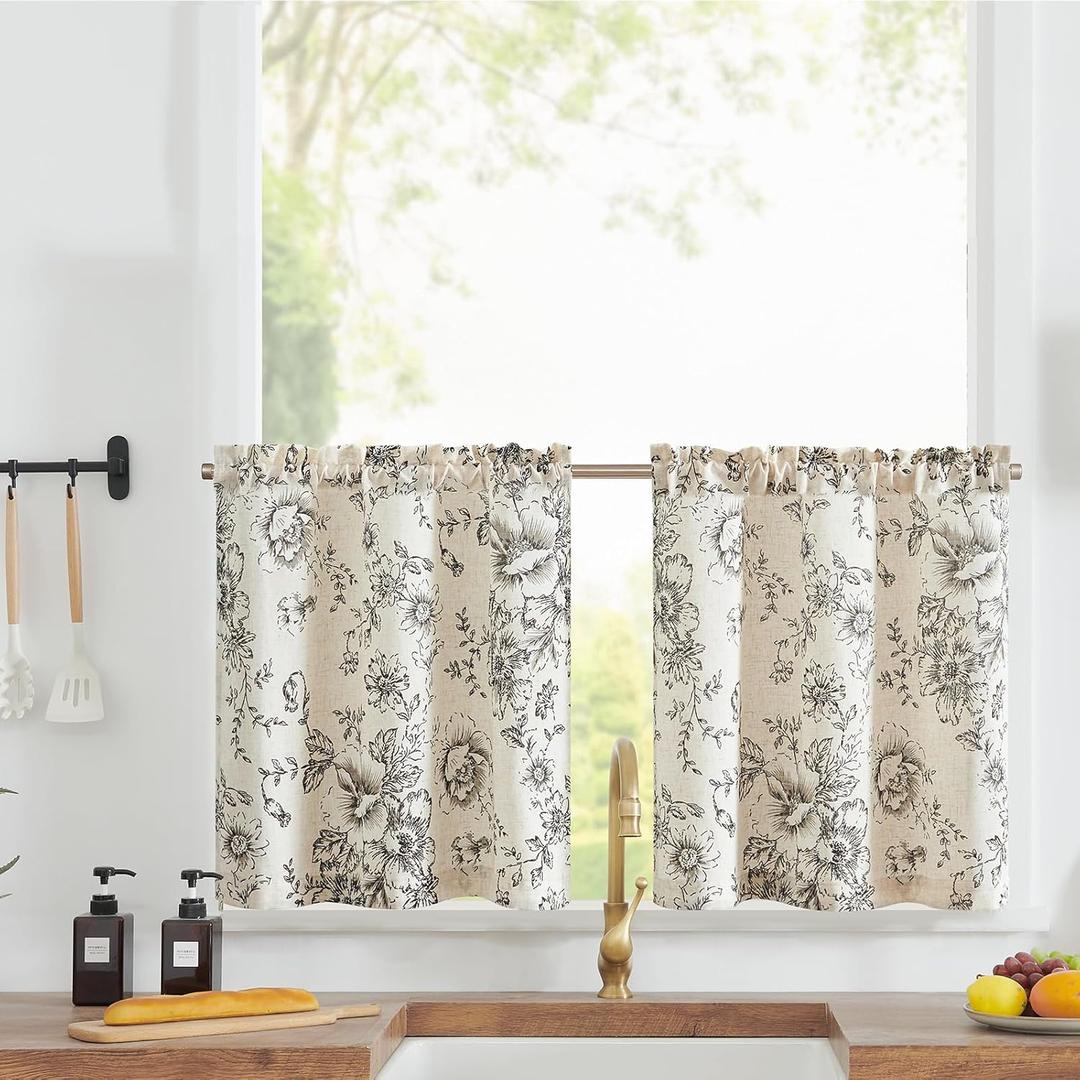 jinchan Floral Linen Tier Curtains 24 Inch Farmhouse Botanic Cafe Drapes for Small Windows Rustic Half Window Curtains for Kitchen Living Room Bathroom Laundry 2 Panels Black on Beige