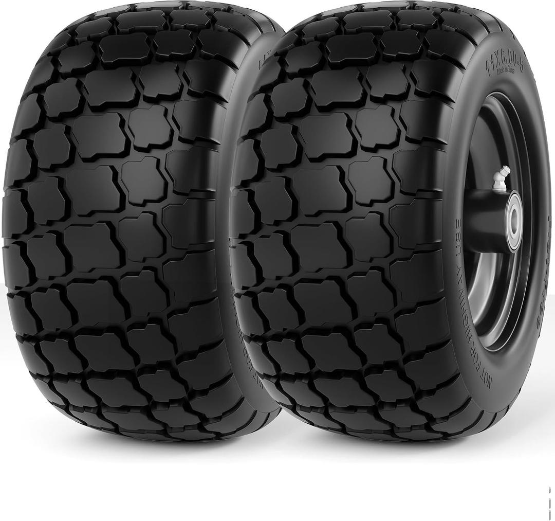 RONPOW 11x6.00-5 Flat Free Lawn Mower Tire and Wheel, Solid Front Tires for Zero Turn Mower, 400 Lbs Load, Universal 3/4", 5/8" 1/2" Bearings, 5.31"-7.71" Hub for Residential Commercial, 2 Pack Black