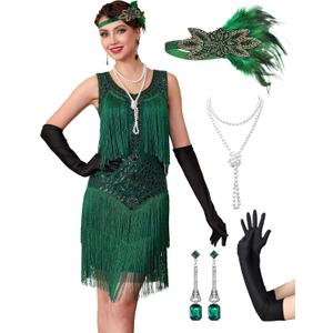 1920s Flapper Dresses for Women, Lace V-Neck Great Gatsby Costumes with Fringe (X-Large, Green)