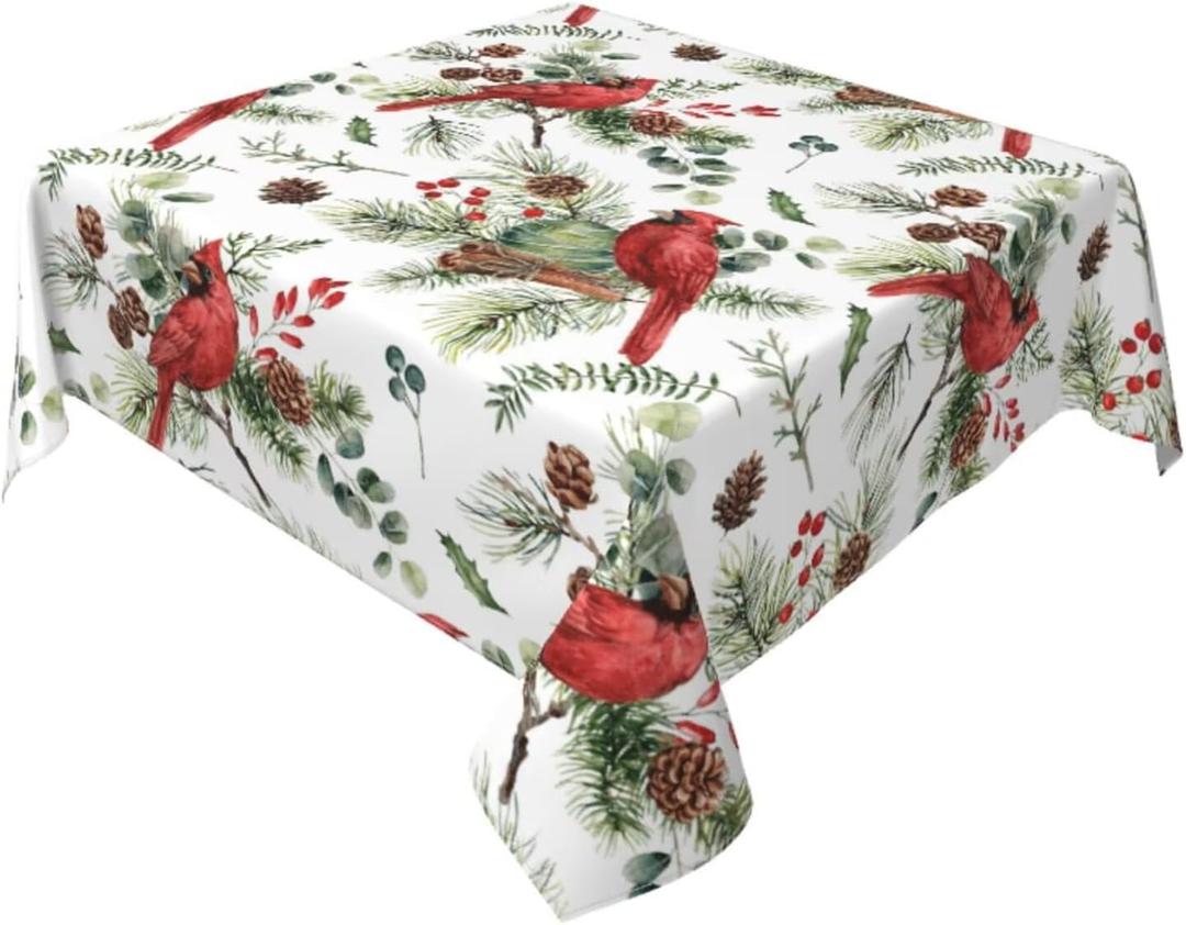AEIOAE Christmas Tablecloth 54 x 54 Inch Square, Winter Red Birds Pine Tree Branch Table Cloth, Holiday Tablecloths Farmhouse Decorative for Home Kitchen Dining Party