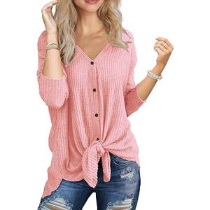 IWOLLENCE Women's Waffle Knit Tunic Blouse Tie Knot Henley Tops Loose Fitting Bat Wing Plain Shirts, Pink, XL