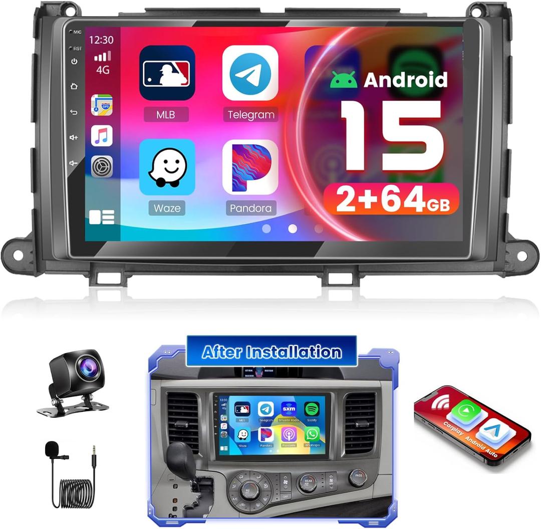 [DSP 4+64G] for Toyota Sienna 2011 2012 2013 2014 Android 15 Car Stereo, Hikity 9'' IPS Touchscreen Sienna Radio Wireless Carplay Android Auto 5G WiFi/Bluetooth Mirror Link GPS SWC FM/EQ Backup Cam