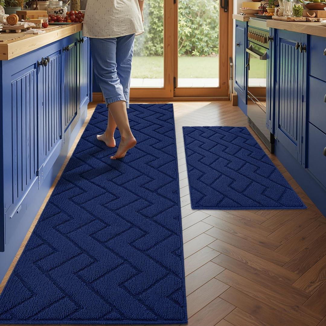 hicorfe Kitchen Rugs and Mats Sets,2 Pieces Super Absorbent Polypropylene Non-Slip Rug,Soft Comfort Floor Mat,Washable for Kitchen,Hallway,Office,Sink,Laundry(20" x 32"+24" x 71",Navy Blue)