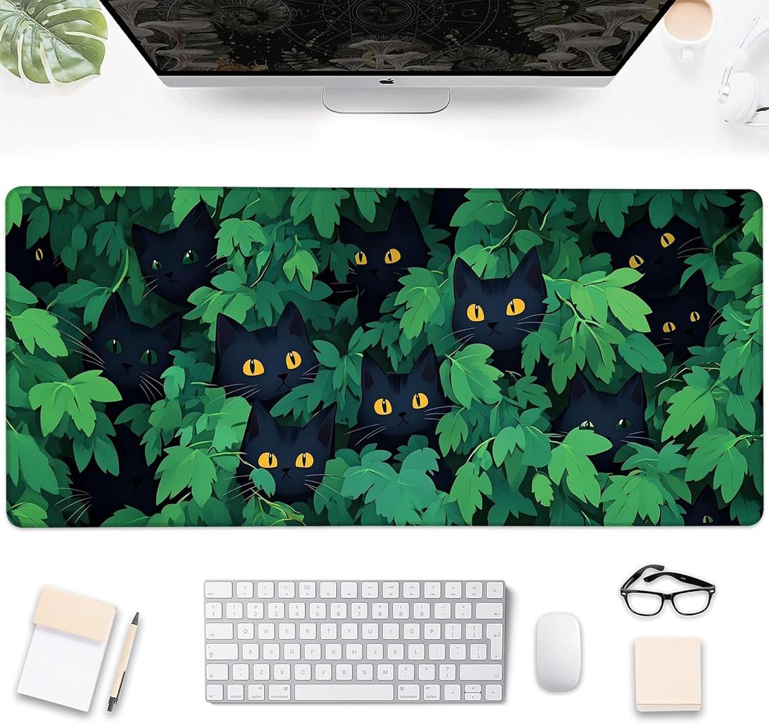 Desk Pad, Cute Black Cats Hidden in Bushes Large Gaming Mouse Pad,Desk Mat for Keyboard and Mouse with Stitched Edges and Non-Slip Rubber Base for Work Game Office Home 31.5x11.8in (Colour14)