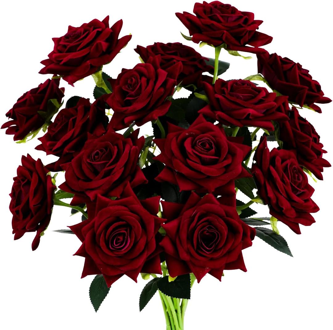 Floweroyal 15PCS Burgundy Roses Artificial Flowers 4.33" Velvet Flowers with Long Stem Fake Roses for Valentine's Day, Wedding Bridal Bouquets, Floral Arrangement, Table Centerpieces, Home Decorations (Dark Red)