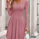 BTFBM Casual Fall Dresses for Women 2025 Long Sleeve Ribbed Button Down Empire Waist A Line Winter Wedding Guest Dress (Brown, XXL)