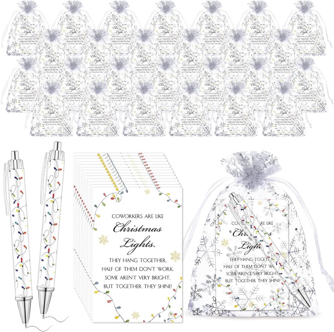 Ireer 50 Sets Christmas Office Gifts for Coworkers, Coworkers Are Like Christmas Light Theme Ballpoint Pens with Greeting Cards and Snowflake Organza Bags Appreciation Gifts for Office Team Members