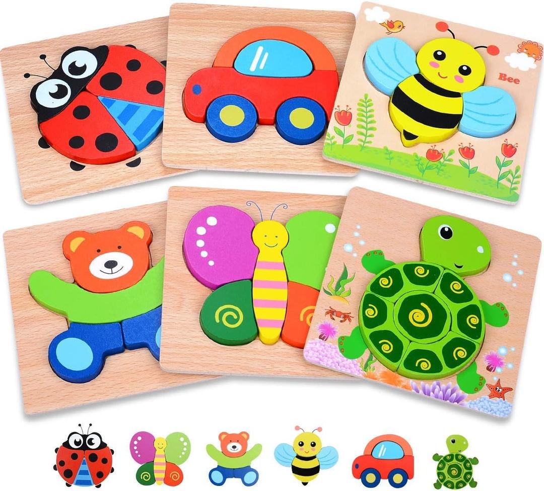 Magifire Wooden Puzzles, Set of 6 Puzzle Toys for Kids Toddlers 13, Baby Educational Animal Toys with Chunky Pieces & Bag for Easter - Ladybug, Car, Bee, Bear, Butterfly, Turtle