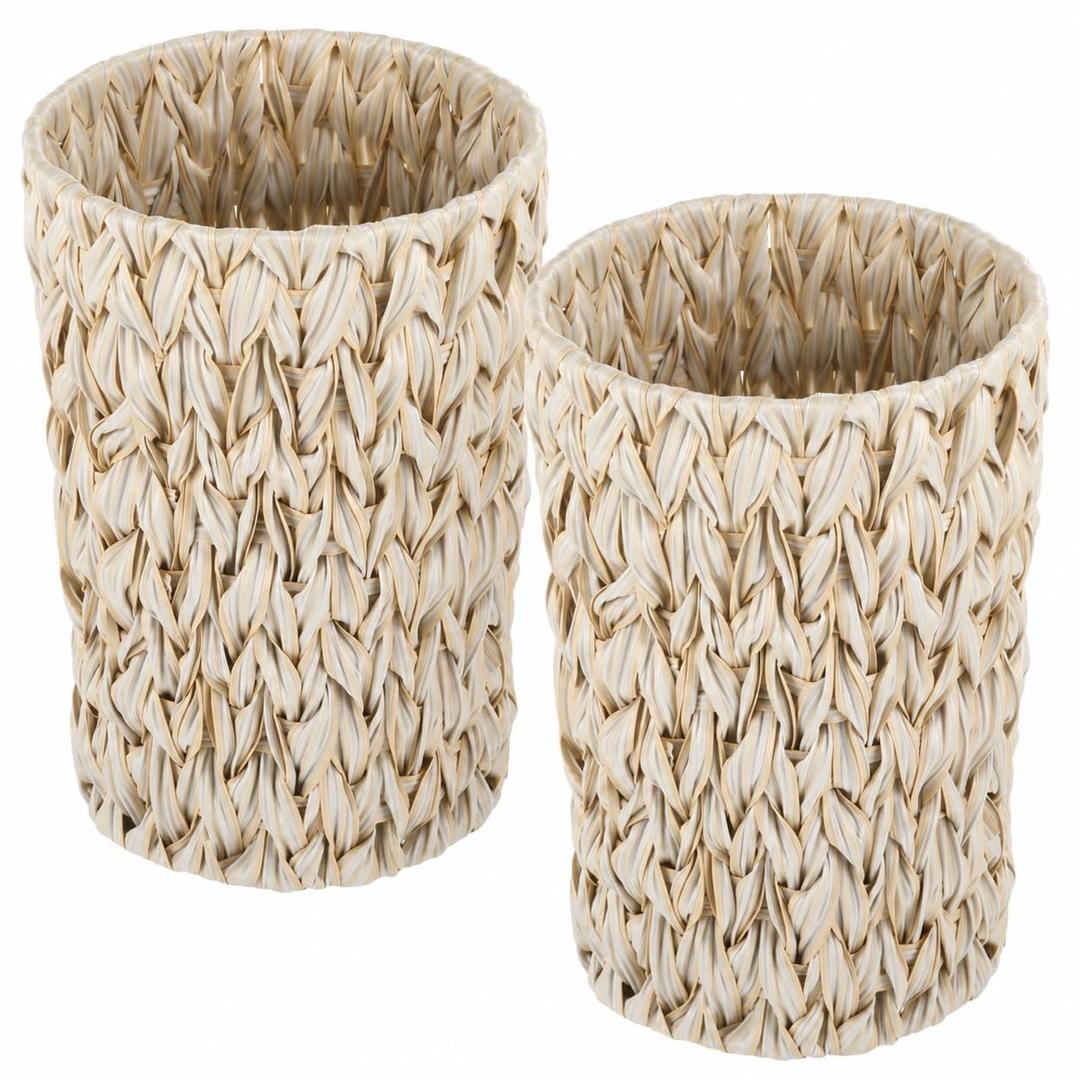 Varku 2 Pcs Wicker Trash Cans,11 in Boho Trash Cans Handwoven Plastic Rattan Trash Can Waste Baskets with Wide Opening, Waterproof Waste Bin for Bathroom, Bedroom, Office, Home（2 Gallon）
