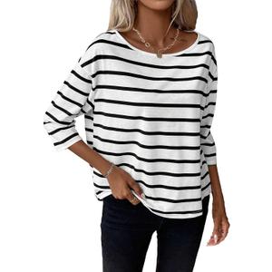 LilyCoco Womens 3/4 Length Sleeve Tops Striped Boat Neck Shirt Frenchy Cotton Tees White X-Large