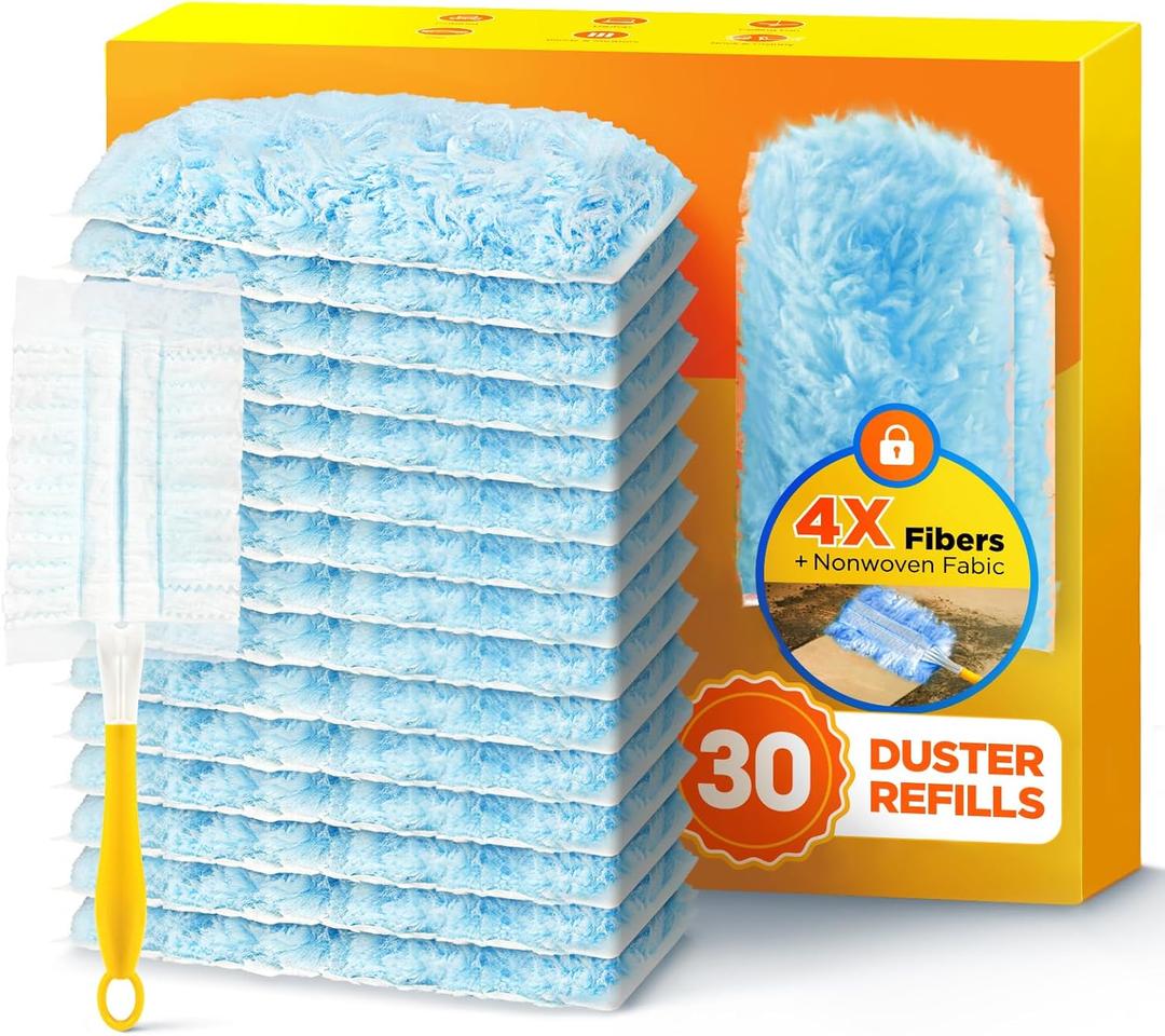 30 Count Duster Refill for Swiffer Duster with 1 Handle, One-Sided Disposable Dusters Refills with 4X Microfibers, Unscented Dusters for Cleaning Home, Furniture, Blinds & Vent