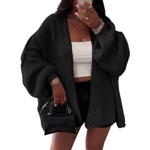 Women's Open Front Fall Sweater Lantern Sleeve Chunky Warm Long Cardigan Trendy Outerwear Coats Black (Black, M)