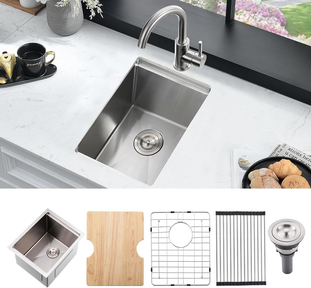13 Inch Bar Sink Undermount Workstation,13x18 Undermount Bar Sink Small Bar Sinks 18 Gauge Stainless Steel Single Bowl Kitchen Sinks with Cutting Board (Brushed Nickel)