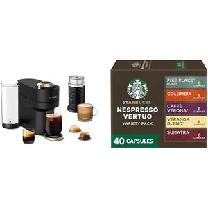 Nespresso Limited-Edition Vertuo Pop+ Deluxe Coffee and Espresso Maker by Breville with Milk Frother, Matte Black Gold + Starbucks Capsules, Vertuo Line